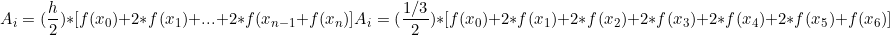 \[ A_i = (\frac{h}{2}) * [f(x_{0}) + 2*f(x_{1})+...+ 2*f(x_{n-1} +f(x_{n}) ]\[ A_i = (\frac{1/3}{2}) * [f(x_{0}) + 2*f(x_{1})  +2*f(x_{2}) +2*f(x_{3}) + 2*f(x_{4}) + 2*f(x_{5}) + f(x_{6})    ] \]